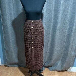 Brown Crochet Long Button-Front Skirt